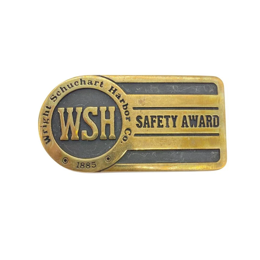 VTG‎ Wright Schuehart Harbor Co WSH Safety Award brass belt buckle